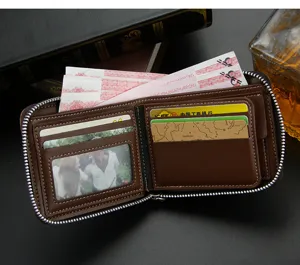 Detailed view of the brown leather men's wallet interior with card slots and zipper