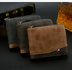 Detailed macro view of MenBense men's short wallets in three stylish textured colors.
