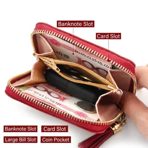 Compact red women's fashion wallet with multiple compartments for bills and coins