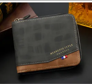 Detail view of classic patchwork zip-around wallet for men with textured finish