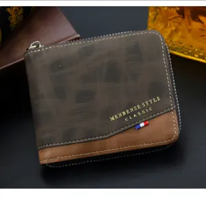 Detailed shot of MenBense bifold wallet with zipper and patchwork design