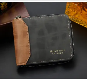 Gros plan du portefeuille court zippé MenBense pour hommes en cuir noir et marron