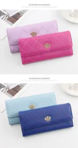 Elegant quilted long wallets for women with golden crown ornament in multiple colors