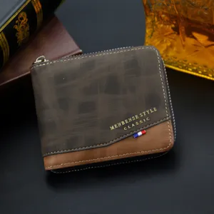 Vintage Men Short Wallet Patchwork PU Leather Zip Around Purse Card Slots Coin Pocket Business Casual Fashion Wallet