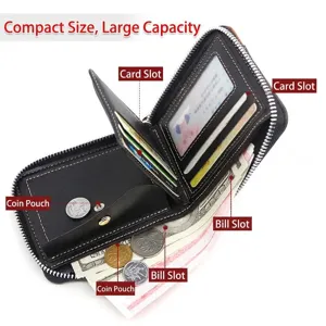 Short leather wallet for men with secure zipper and multiple functional compartments