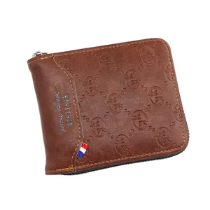 Vintage brown PU leather men's bifold wallet with zipper and embossed logo patterns
