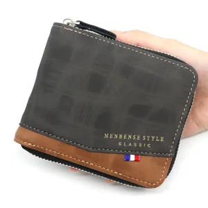 Modern MenBense men's bi-fold wallet featuring a stylish patchwork design and zipper.