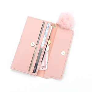 Long portefeuille rose élégant pour femmes avec fentes pour cartes et pompon doux