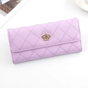 Women Fashion Quilted PU Leather Long Wallet With Golden Crown Ornament Multi Card Slot Handbag Purse Elegant Clutch Bag