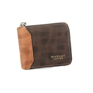 Portefeuille en cuir MenBense pour hommes avec fermeture éclair et motif bicolore