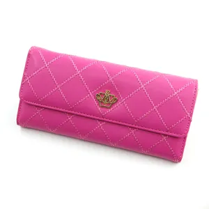 Elegant fuchsia long wallet for women with quilted diamond pattern and gold crown decoration