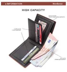 Internal view of a MenBense men's tri-fold PU leather wallet showing 7 card slots.