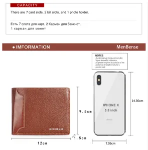 Detailed size and capacity specifications for a brown MenBense men's tri-fold wallet