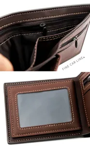 Detalle de billetera marrón para hombre con bolsillo de cremallera y ventana para ID