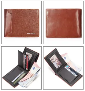 Detailed multi-view of MenBense brown PU leather trifold wallet with card slots