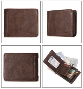 Detail view of vintage brown leather men's tri-fold wallet with multi-card slots