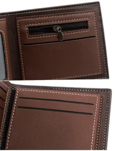 Detalles interiores de una cartera de cuero marrón para hombre con ranuras y cremallera