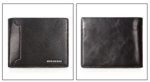 Detail views showing front and back of a black textured PU leather men's short wallet