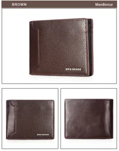 Detailed views of MenBense brown PU leather wallet with textured and smooth panels