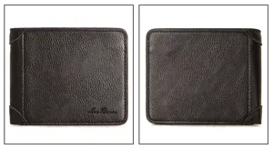 Detailed view of Menbense vintage black horizontal tri-fold wallet showing leather texture