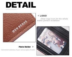 Close-up of MenBense short PU leather wallet showing logo and interior photo holder.