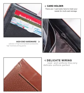Detailed view of stitching and card slots on a men's tri-fold PU leather wallet