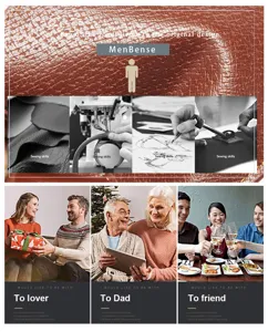 Detailed macro view of PU leather texture and lifestyle gifting scenarios for men's wallet.
