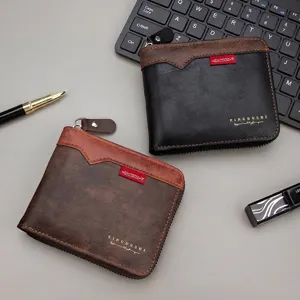 Herren Trifold Geldbörse Mit Kette PU-Leder Patchwork Farblock Kurze Geldbörse Multi Kartenslots Reißverschluss Münzfach Brieftasche