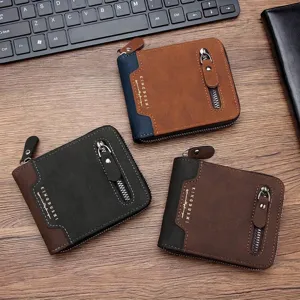 Portafoglio corto da uomo in pelle PU vintage con cerniera e scomparti per carte