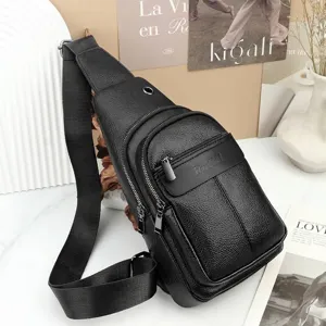 Bolso de Pecho de Moda para Hombre Patrón de Lichi Cuero PU Bolso de Hombro Casual Travel Pack Con Agujero para Auriculares