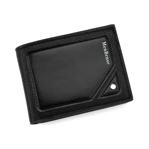 Premium men's black bifold wallet with pebbled leather texture and brand logo detail