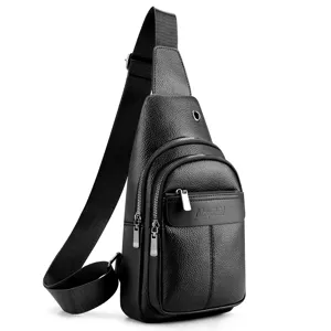 Bolso de pecho tipo bandolera para hombre en negro con patrón lichi y cremalleras