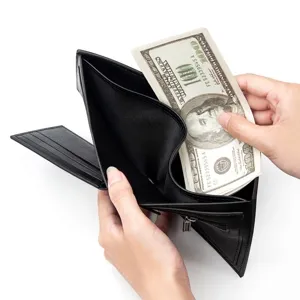 Sleek black brushed leather tri-fold men's wallet with multi-card slots and coin pocket