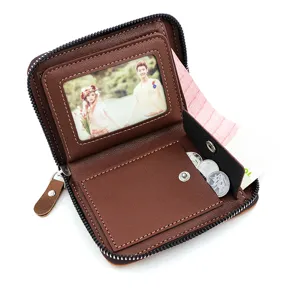 Detailed interior view of a brown men's zipper wallet with photo and coin slots