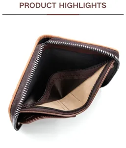 Detailed interior macro view of a brown frosted men's short wallet with zipper coin pocket