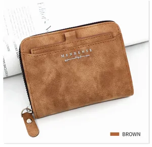 Detailed macro view of a brown frosted men's short wallet with card slot and MENBENSE branding