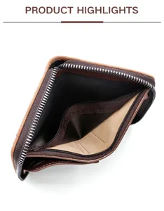 Detail view of men's short wallet internal compartments with zipper and card slots