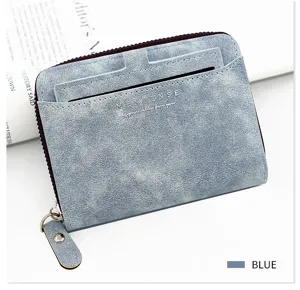 Premium blue frosted leather men's short wallet with secure zipper and logo detail