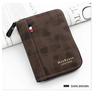 Detailed close-up of a men's dark brown zippered wallet with gold-stamped MenBense logo