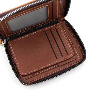 Close-up of internal card slots and photo window in brown leather wallet