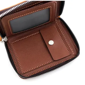 Detailed view of the internal compartments and stitching of a brown men's short wallet.