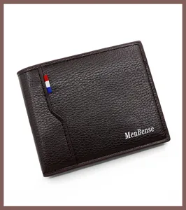 Detailed close-up of a brown PU leather men's wallet featuring the MenBense logo