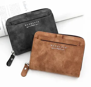 Close-up of Men's frosted short wallets in grey and brown featuring MENBENSE branding