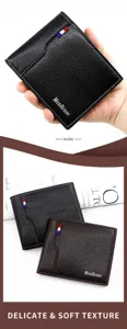 Close-up of black and brown leather wallets with MenBense logo and textured finish.