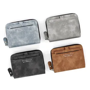 Selection of four colors of men's frosted short wallets with zipper closure and card slots.