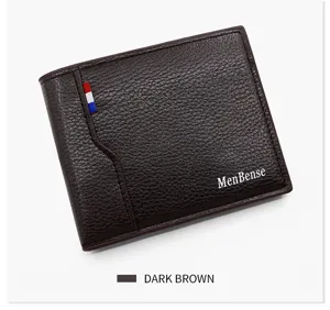 Detail of MenBense dark brown PU leather wallet with textured finish and brand logo