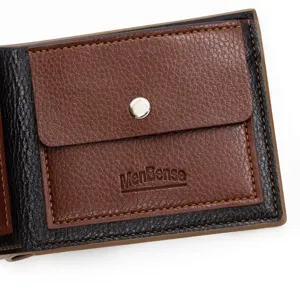 Close-up detail of a brown PU leather coin pocket inside a men's bi-fold wallet