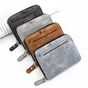 Set of frosted men's short wallets in four colors with card slots and zipper pocket.