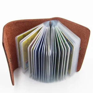 Brown leather card holder wallet with multiple transparent slots for organization