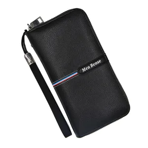 Heren Lange Clutch Litchi Structuur PU Leer Portemonnee Grote Capaciteit Rits Handtas Met Polsband Zakelijk Dagelijks